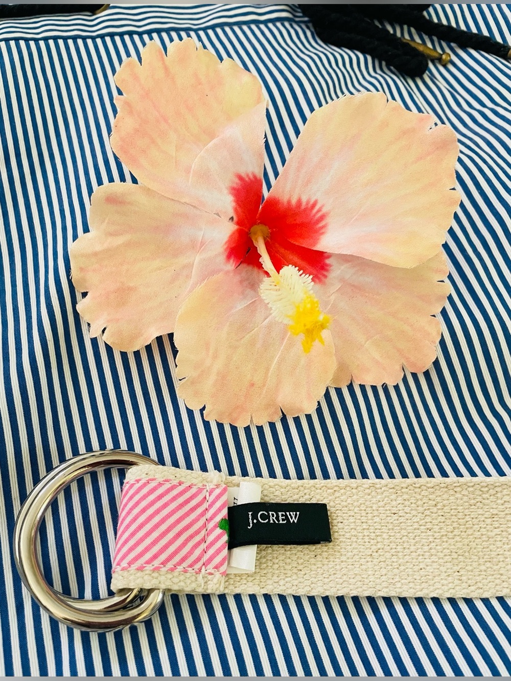 J. Crew Pink Striped Belt with Green Embroidered Hippo and Silver Rings - Picture 11 of 14